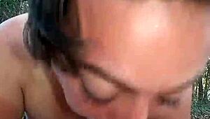 I give rough sloppy blowjob to big cock outdoors.