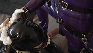 miss maskerade latex couple blows master before bound sex