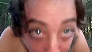 I give rough sloppy blowjob to big cock outdoors.