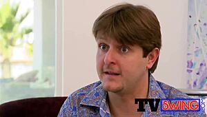 Hairless Brunette Milf Licks Shaved Pussy in Swingers Group