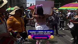 giving kisses in cdmx with miniskirt on lgbt march day, flashing big ass