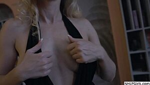 blonde sofa lover gets wild in heels, showing off shaved assets in steamy doggystyle