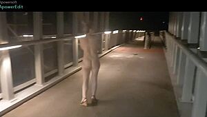 Justinn251 takes a daring nude walk outdoors in fishnets.