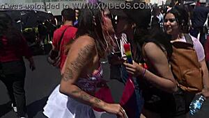 giving kisses in cdmx with miniskirt on lgbt march day, flashing big ass