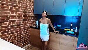 Booty Brunette Pussy Fucking Dildo at Breakfast - Wow!