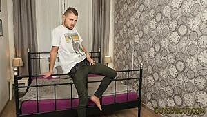 yo, check this brawny uncircumcised hunk tugging his foreskin hard