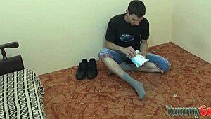 Gay Dude Sniffs Shoe While Tugging! Kinky Fetish Footjob Masturbation.