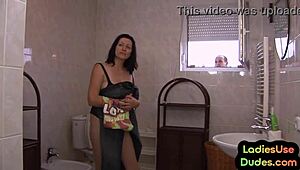 femdom milfs pegging male asshole with toys in bathroom