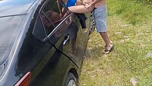 Wife Displays Big Ass in Car Window for Strangers to Fuck