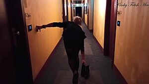 Gold Digger Escapes Sugardaddy for Extreme Hotel Strip. Risky Anal and Pussy Masturbation by Windows.