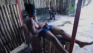 Ebony competes in sloppy outdoor blowjob and fuck