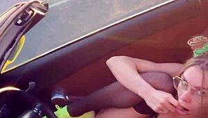 Horny Babe Moans Loud While Masturbating in Public Convertible!