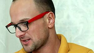 Young blonde Sonia's glasses get covered in cum after anal fuck