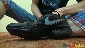 Gay Dude Sniffs Shoe While Tugging! Kinky Fetish Footjob Masturbation.