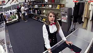 Petite pawnshop customer throatfucked for easy cash