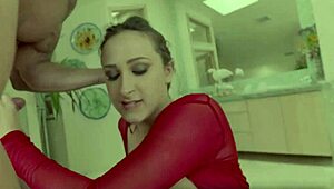 ashley adams gets cum all over her tits in heels and leggings