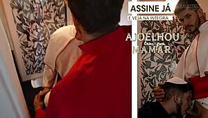 Behind the scenes of gay blowjob action with pearl necklace