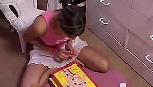 Trixie teen strokes her shaved petite pussy in solo play