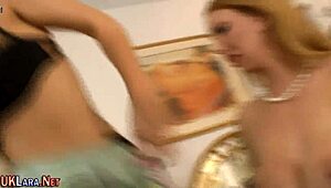 in this british mature lesbian scene, the classy woman in stockings and heels rubs her big tits while masturbating