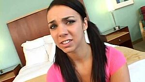 Young brunette Tiffany Tyler gives a sloppy blowjob and gets her ass pounded