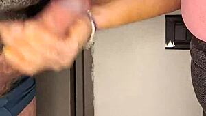 Italian redhead passionately sucks big cock with handjob. She takes cumshot eagerly