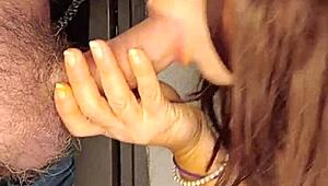 Italian redhead passionately sucks big cock with handjob. She takes cumshot eagerly