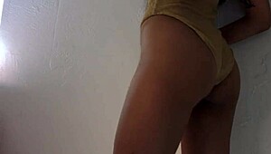 Gold leotard solo play with dildo