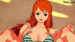 Nami's tight one-piece outfit gets her revved up for some steamy action