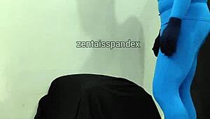 Zentai injection medical fetish in spandex hood and mask.