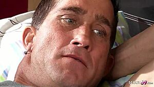 Cute teen catches him jerking huge cock and begs for rough sex.