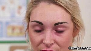 kinky beauty receives facial cumshot and swallows