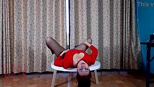 Hot damn, sexy lady in pantyhose and heels strips on round table!