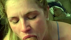 Blonde housewife in blue dress enjoys deepthroat and anal on her day off
