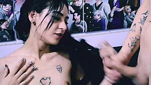 In this anime scene, the slut gets dominated by huge cock