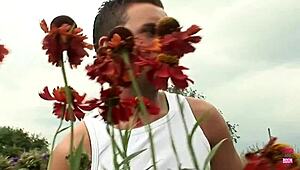 chunky blonde babe drilled outdoors by two hung studs