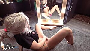 Sexy blonde masturbates her vagina with toys at mirror for intensive orgasm!