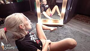 Sexy blonde masturbates her vagina with toys at mirror for intensive orgasm!