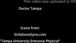 Sheila Daniels moans as Doctor Tampa uses the Hitachi wand on her pussy during the college physical.