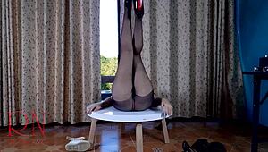 Hot damn, sexy lady in pantyhose and heels strips on round table!