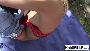 hot blonde milf gets blowjob and sex in threesome at park