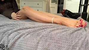 please cum on my feet, sexy milf brunette with big tits in homemade fetish action.