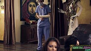 sapphic lesbian foursome indulging in fingering, muff diving, and squirting orgasms