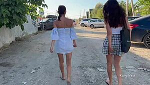Check out these two girls flashing pussies in public with no panties on!