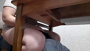 Secretary intensely licks pussy under office table for orgasm.