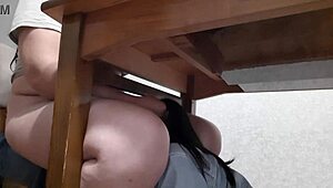 Secretary intensely licks pussy under office table for orgasm.