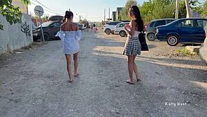 Check out these two girls flashing pussies in public with no panties on!