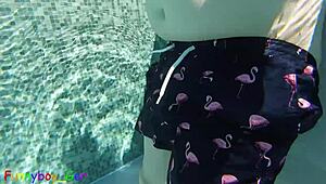 I cheekily jerk off my fat cock in a public thermal pool, feeling the hot underwater fun