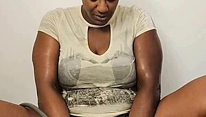 Ebony wife touches herself in shower while clothed