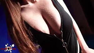 Babe strokes huge cock, cum splatters big natural tits