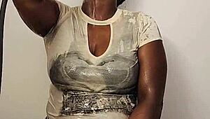 Ebony wife touches herself in shower while clothed